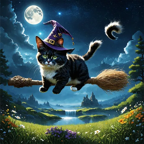 Amazing quality, best quality, hyper detailed, ultra detailed, masterpiece, photorealistic, absurdres, 8k, highly detailed, high budget, intricate, depth of field, cinematic photography, realistic, epic,

A magical scene featuring a black cat wearing a witch's hat, flying on a broomstick. The cat has sleek fur and piercing green eyes, with the witch's hat perched jauntily on its head. The broomstick is intricately designed with runes and glowing enchantments. The background is a whimsical, magical landscape with floating islands, sparkling waterfalls, and glowing flora. The sky is filled with twinkling stars and a large, bright moon casting a mystical glow over the scene. The overall atmosphere is enchanting and otherworldly, emphasizing the fantastical elements of the scene