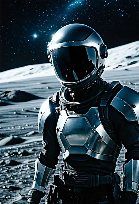 impactful paint of futuristic marine,black helmet,silver mask,black armor, on the moon's surface, stars in background,highly detailed, 8k, sharp, professional, clear, high contrast, high saturated, vivid deep blacks, crystal clear,