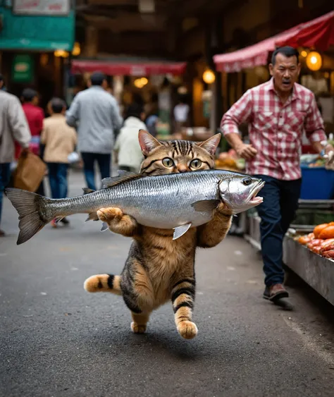 A chibi cat has just stolen a fish in a fishmonger's shop and runs away on its hind legs holding the fish in its front paws. He has a comical panicked look on his face because he is being chased by the fishmonger man. The fish appears to be silver and of medium size. In the background, the fishmonger yells at the cat. The scene is the street of an open-air market, with stalls and people strolling. photo, soaked film, 4k, 8k ,uhd.