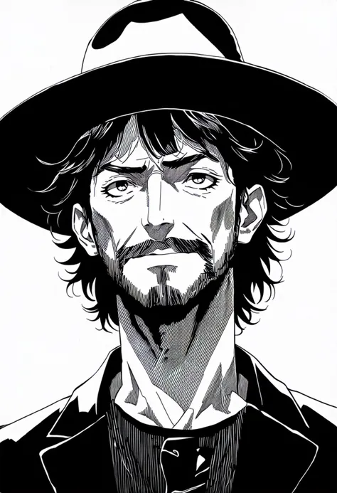 bold lines, hyper detailed, expressive, award winning,smug, insane, anime artwork of a man with hat, detailed, intricate details, masterpiece, best quality