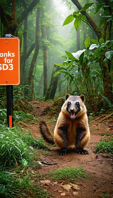 very happy giant coati in the jungle beside of a huge orange sign with text "THANKS FOR SD3", pointing at the sign