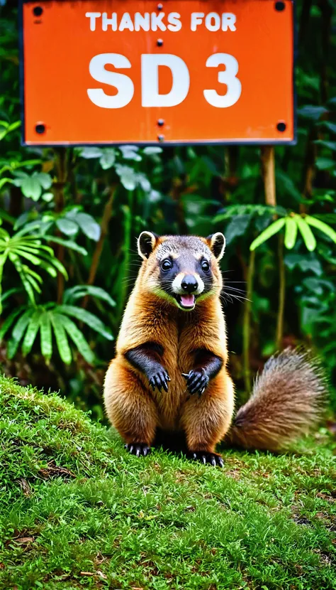 very happy giant coati in the jungle beside of a huge orange sign with text "THANKS FOR SD3", pointing at the sign