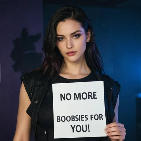 High resolution photo of beautiful woman Panam Palmer, the glamorous cyberpunk 2077 romance instagram model, (she is holding a sign saying "No more boobies for You!!" text), The background is dominated by deep blues and purples, creating a mysterious and dramatic atmosphere. The character's face is serene, with pale skin and striking features. She wears a dark-colored outfit with subtle patterns. 4k, 8k, uhd, DSLR high quality raw photo, supreme quality, realistic skin pores, (smile, grin:0.65), cinematic lighting, volumetric lighting, dynamic lighting, (filmic, film grain:0.85), stunning image quality, detailed, uncensored
