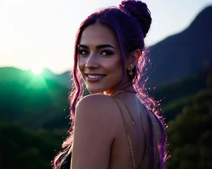A romantic action still portrays a distant, candid shot of a female character with long, purple hair that is tied up chignon style.
The background is dominated by deep green and purples mountainscape, with a large green visible sun in the dusk sky, creating a mysterious and dramatic atmosphere.
The character's face is reminscent of a celebrity. She has a flirting smirk visage,with penetrating knowing eyes and striking features.
She wears a sheer, skimpy outfit with abundant tiny and delicate gold body chains, delicate jewelry, and mediums-sized elf-like ears. sunrays backlight the gorgeous young woman.