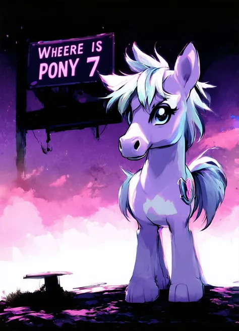 cyberpunk style, anime drawing of a horse next to a sign says ("Where is Pony 7?")