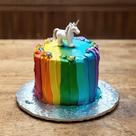 hi-res art, realistic, cake, rainbowwrap, decorated with diamonds and unicorn sculpture on top