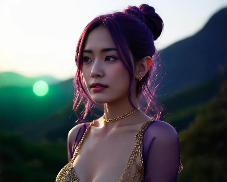A romantic action still portrays a distant, candid shot of a female character with long, purple hair that is tied up chignon style.
The background is dominated by deep green and purples mountainscape, with a large green visible sun in the dusk sky, creating a mysterious and dramatic atmosphere.
The character's face is reminscent of a celebrity, with a small nose, adorable look. She has a flirting smirk visage,with penetrating knowing eyes and striking features.
She wears a sheer, skimpy outfit with abundant tiny and delicate gold body chains, delicate jewelry, and mediums-sized elf-like ears. sunrays backlight the gorgeous young woman.