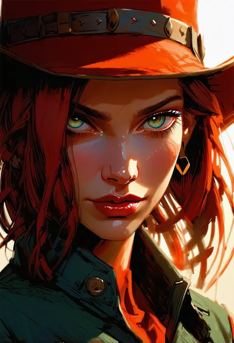 atompunk cowboy, 1girl, adventurer of the outdoors, neon colors, natural skin, full shot, (beautiful face:1.1), amazing body, sexy, (detailed eyes:1.1), (luscious lips:1.1), large eyes, green brown eyes, (red hair:1.2), beautiful lighting, sunlight, by (Bob Byerley:1.2|Artgerm:1.1), intricate detailed background,