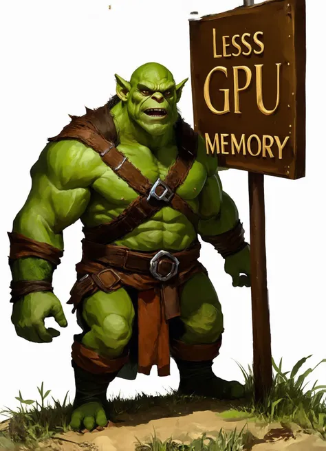 digital painting of an orc, behind him is a sign says"Less GPU Memory", very detailed,