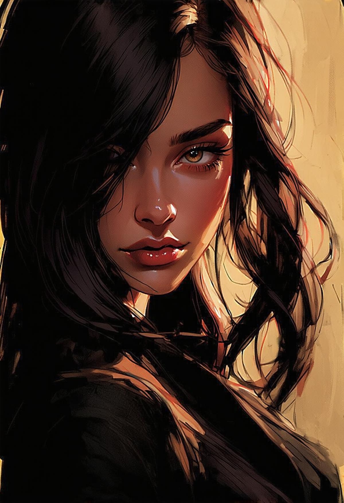A close up of a woman with long hair and a black top - SeaArt AI