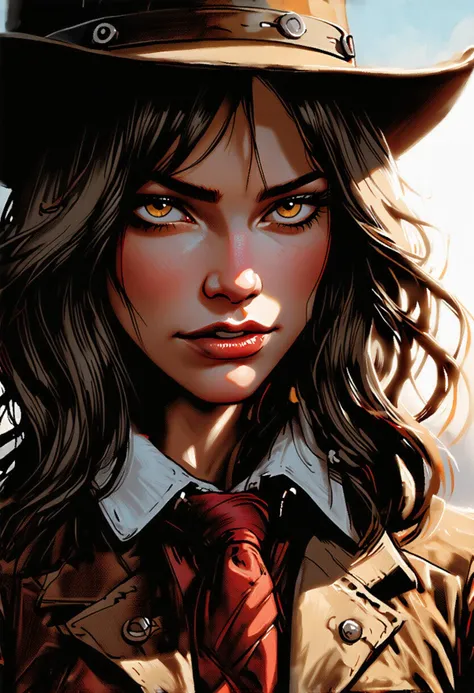 full shot, atompunk 1girl cowboy, adventurer of the outdoors, bold colors, soft contrast, natural skin, beautiful face, amazing body, sexy, large detailed eyes, luscious lips, large eyes, long hair with ringlets, atmospheric perspective, rim lighting, style by Bob Byerley | Artgerm), intricate detailed background,