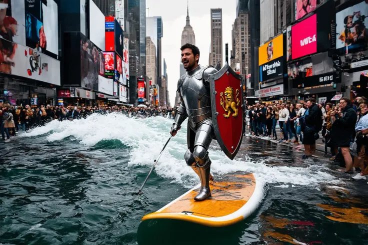 Photo of a medieval knight on a surfboard, surfing down the street of New York City, leaving a wake of water behind him. The knight, dressed in full armor, holds a large, ornate shield with a lion emblem. the background reveals iconic NYC landmarks like the Empire State Building and Times Square. The scene is a delightful blend of medieval and modern elements, with onlookers gazing in awe and amusement.