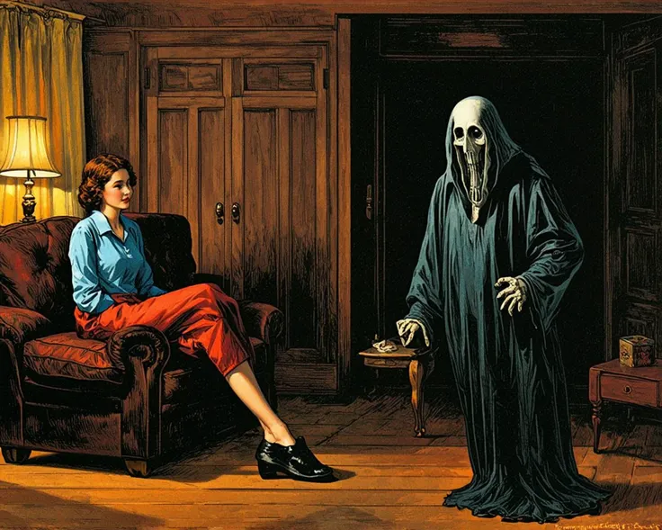 (intricate 2d illustration:0.85), a woman sitting on the left of a poor Bulgarian living room, on the right a dark shadow figure almost a vague ghost, eerie dark feel, creepy, intricat Bulgarian details, 1960ies, (red green blue interior color scheme:0.4), (realistic dark lighting:0.6), (a bed, warm lamp, painting in heavy frame on the wall, closet, curtains:0.4)
