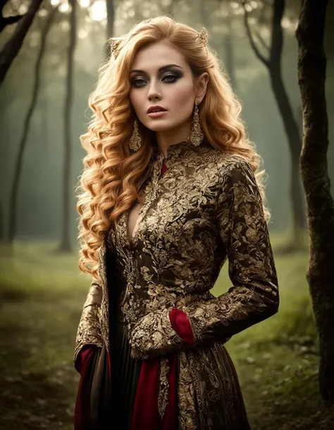__ruins__, __licht__, __typen__ a fashion portrait of a woman with (dramatic smokey eye shadow make-up:1.3) and a __dress_baroque__, dynamic long curly __color2__ hair, exuding elegance and intensity, magazine "photoshop", (lots of details:1.2),