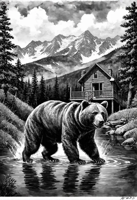a detailed black-and-white pencil drawing that combines realistic elements with a surreal, artistic style. The central focus is a large, powerful brown bear walking in shallow water, its fur meticulously detailed with shading and texture. The bear is depicted from the side, its head slightly lowered, with water splashing around its feet. In the background, a rustic log cabin with a pitched roof is situated on a hillside, surrounded by dense forest. The cabin has a porch and windows, which are detailed with intricate textures and shading. Behind the cabin, a majestic mountain range rises dramatically, with snow-capped peaks visible through a misty atmosphere. The forest surrounding the cabin is dense, with tall evergreen trees and a mix of deciduous trees, their branches reaching upwards. The foreground transitions seamlessly into the background, with the bear's shadow blending into the water and the forest. The overall effect is a harmonious blend of realism and surrealism, with a focus on nature and the serene beauty of a remote wilderness setting. The drawing uses a high level of detail and shading to create depth and texture, making it a captivating and immersive piece of art.
