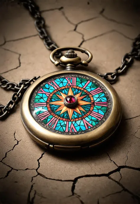 a close-up photograph of a pocket watch with a chain attached to it. The pocket watch has a round face with a gold-colored metal frame and a black chain. The face of the watch is decorated with intricate designs and patterns in shades of blue, green, orange, and pink. In the center of the face, there is a circular design with a red and blue gemstone in the center. The design appears to be made up of small circles and lines, creating a kaleidoscope-like pattern. The background is a textured surface with cracks and crevices. The overall mood is mystical and dreamlike., no humans, still life, watch, pocket watch, compass, crack, blurry, chain, cracked floor, clock, fantasy, shadow, depth of field, light particles, gears, realistic, scenery, roman numeral