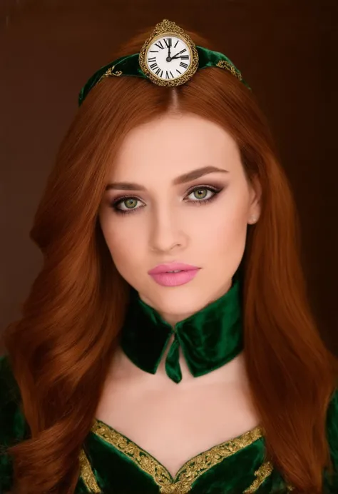 a highly detailed high-resolution photograph of a young woman with fair skin and striking green eyes. She has a slender face with full lips painted in a soft pink hue. Her makeup is subtle yet elegant, with a touch of blush on her cheeks and a light dusting of powder to enhance her complexion. Her hair is a rich auburn, styled in loose waves that frame her face. Adorning her forehead is a vintage, green, brass-colored headpiece with intricate detailing, including a prominent round clock face with Roman numerals, positioned just above her right eyebrow. The clock hands are set to approximately 10:10. The headpiece also features a small, ornate emblem at the center, adding to the antique, steampunk aesthetic. She is dressed in a green and gold outfit with a high collar, suggesting a regal or fantasy character. The fabric appears to be made of a luxurious material, possibly velvet or satin, with delicate gold embroidery adding to the opulence.