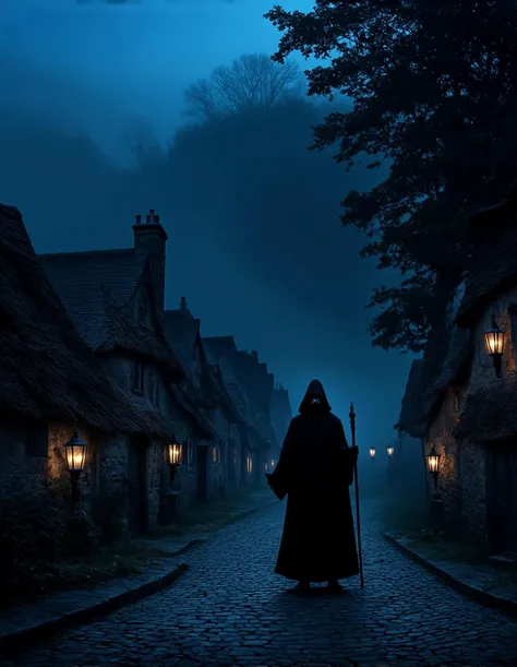 Create a detailed scene of an ancient medieval village during the blue hour, with a mystical and eerie atmosphere. The village is made up of stone houses with thatched roofs, narrow cobblestone streets, and faintly glowing lanterns casting long shadows. In the background, a dense, misty forest surrounds the village, adding to the sense of mystery. A mysterious figure cloaked in dark robes stands at the edge of the village, partially hidden in the shadows, with an ominous presence. The figure appears to be associated with the plague, carrying a staff or wearing a mask reminiscent of a plague doctor. The overall mood should be haunting, with a subtle, unsettling feeling as the blue twilight deepens into night.
