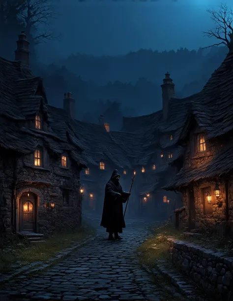 Create a detailed scene of an ancient medieval village during the blue hour, with a mystical and eerie atmosphere. The village is made up of stone houses with thatched roofs, narrow cobblestone streets, and faintly glowing lanterns casting long shadows. In the background, a dense, misty forest surrounds the village, adding to the sense of mystery. A mysterious figure cloaked in dark robes stands at the edge of the village, partially hidden in the shadows, with an ominous presence. The figure appears to be associated with the plague, carrying a staff or wearing a mask reminiscent of a plague doctor. The overall mood should be haunting, with a subtle, unsettling feeling as the blue twilight deepens into night.