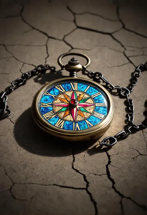 a close-up photograph of a pocket watch with a chain attached to it. The pocket watch has a round face with a gold-colored metal frame and a black chain. The face of the watch is decorated with intricate designs and patterns in shades of blue, green, orange, and pink. In the center of the face, there is a circular design with a red and blue gemstone in the center. The design appears to be made up of small circles and lines, creating a kaleidoscope-like pattern. The background is a textured surface with cracks and crevices. The overall mood is mystical and dreamlike., no humans, still life, watch, pocket watch, compass, crack, blurry, chain, cracked floor, clock, fantasy, shadow, depth of field, light particles, gears, realistic, scenery, roman numeral