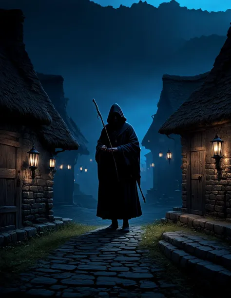 Create a detailed scene of an ancient medieval village during the blue hour, with a mystical and eerie atmosphere. The village is made up of stone houses with thatched roofs, narrow cobblestone streets, and faintly glowing lanterns casting long shadows. In the background, a dense, misty forest surrounds the village, adding to the sense of mystery. A mysterious figure cloaked in dark robes stands at the edge of the village, partially hidden in the shadows, with an ominous presence. The figure appears to be associated with the plague, carrying a staff or wearing a mask reminiscent of a plague doctor. The overall mood should be haunting, with a subtle, unsettling feeling as the blue twilight deepens into night.