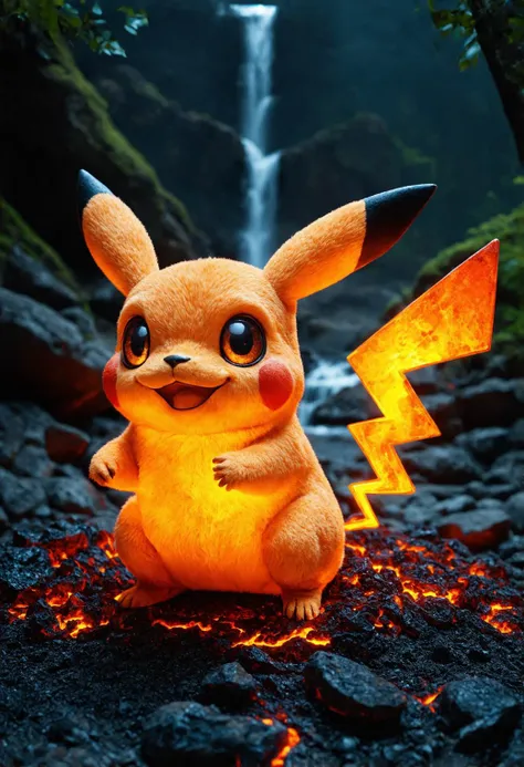 a highly detailed CGI image of a Pikachu-like creature with a glossy, lava-like texture covering its body. The creature has large, expressive eyes and a cheerful expression. Its fur is primarily a bright orange with areas of glowing, molten lava that crackle and shimmer, giving it a fiery appearance. The creature's ears are pointed and lined with the same lava-like texture, with the tips glowing brightly. It has a lightning bolt-shaped tail, also covered in the lava-like substance. The background is a dark, mystical forest with a glowing waterfall cascading down in the distance, surrounded by rocky terrain. The lighting is dim, with soft, ethereal glows from the waterfall and the creature's lava, creating a magical atmosphere. The ground is covered in small rocks and pebbles, adding to the natural setting. The image is highly detailed, with a focus on the textures and lighting to create a realistic yet fantastical scene.