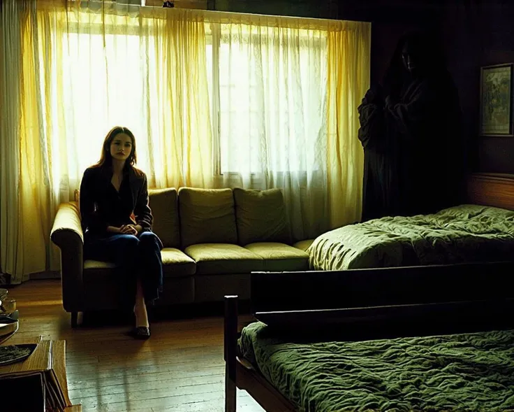 (intricate 2d illustration:0.85), a woman sitting on the left of a poor Bulgarian living room with a bed, on the right a dark shadow figure almost a vague ghost, eerie dark feel, creepy, intricat Bulgarian details, 1960ies, (red green blue interior color scheme:0.4), (realistic dark lighting:0.6)