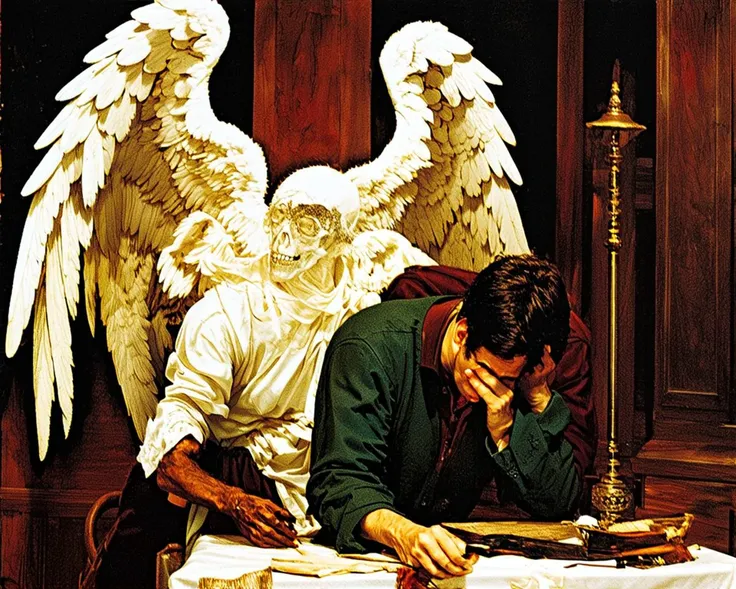 gabriel the angel of death comes down for your poor soul, next to a man laying his crying head on a table, (eerie, horror, creepy:0.35)