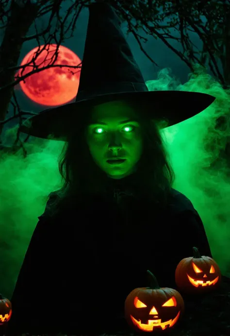 A close-up shot of a young breathtaking witch, her face emerging from a swirling mass of dark, toxic green smoke. Her eyes shine intensely, with a ghostly green glow that enhances the sharp shadows on her features. The smoke fades seamlessly below her shoulders, giving an impression of ethereal materialization. Behind her, the blood-red moon can be seen partially hidden by thick branches, creating a sense of depth, with the branches cutting across the moon's light naturally and reinforcing her spectral, otherworldly presence . The final iteration further refines the logical positioning of the blood-red moon. It is always described as being naturally placed behind the tree branches, with these branches breaking the moon's light in a realistic way, adding consistent depth to the scene. The lighting elements are balanced so that the green underglow and red moonlight coexist without competing, while sharp focus emphasizes each detail, whether it is the texture of her robes, the ancient trees, or the flickering glow of the jack-o'-lanterns, all contributing to a cohesive and chillingly realistic scene.