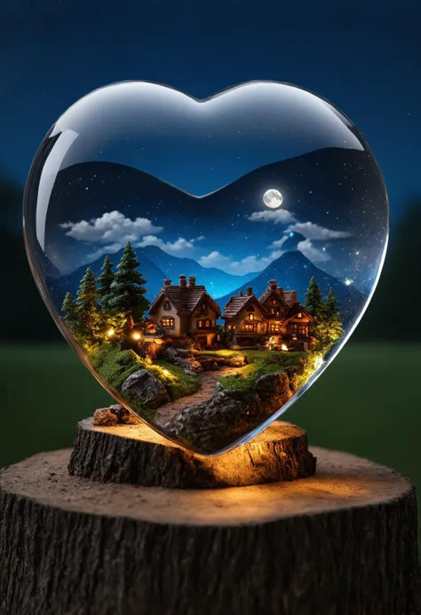 a highly detailed realistic CGI rendered image featuring a heart-shaped, transparent glass sculpture that contains a vivid, miniature scene inside it. The heart, positioned centrally, is set on a tree stump with a dirt path winding through it, leading to a quaint village nestled at the bottom of the sculpture. The village is composed of charming houses with sloped roofs and chimneys, set against lush green hills and towering, majestic mountains in the background. The mountains are bathed in the warm, golden light of the setting sun, which is partially obscured by a few scattered clouds. Above the village, the sky transitions from a deep blue to a lighter shade near the horizon, dotted with twinkling stars and a full moon. Inside the heart, the miniature landscape includes detailed elements like a winding stream, rocks, and foliage, creating a sense of depth and realism. The glass heart reflects the surrounding environment, adding an ethereal, dreamlike quality to the scene. The background outside the heart features a soft-focus forest with glowing, fairy-like lights, enhancing the magical ambiance. The overall style of the image is highly detailed and realistic, with a whimsical, fantasy theme. The color palette is rich, with vibrant greens, blues, and warm earth tones, creating a harmonious and enchanting composition.