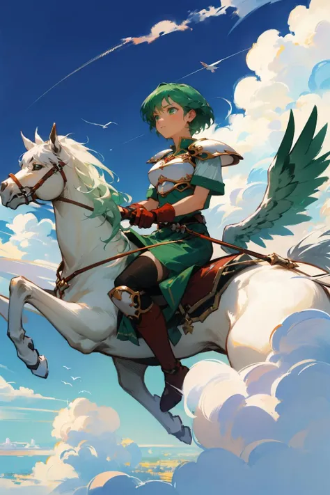 masterpiece, best quality, feKarin, armor, green dress, fingerless gloves, riding white pegasus, flying, flight, furrowed brow, sky, clouds, wide shot, solo<lora:fekarin-nvwls-v1-000009:1>