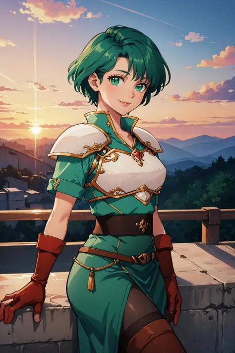 masterpiece, best quality, feKarin, armor, green dress, fingerless gloves, pantyhose, thigh boots, cowboy shot, looking at viewer, from side, smile, sunset <lora:fekarin-nvwls-v1-000009:1>