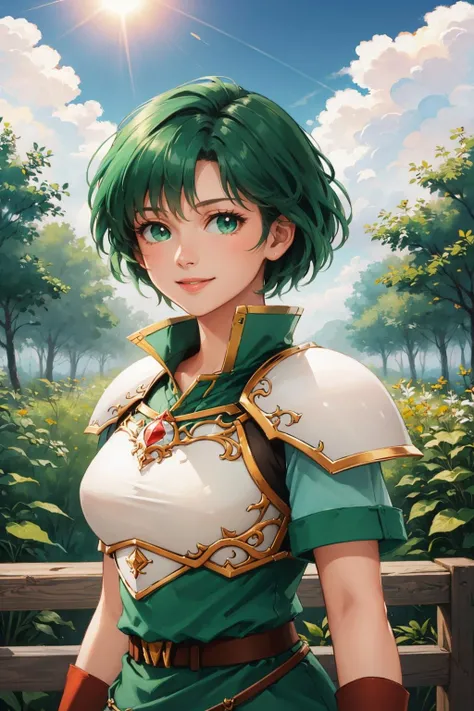 masterpiece, best quality, feKarin, armor, green dress, fingerless gloves, upper body, looking at viewer, smile, forest, sun, sky, clouds <lora:fekarin-nvwls-v1-000009:1>
