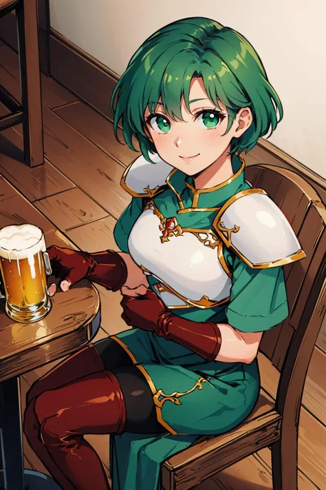 masterpiece, best quality, feKarin, armor, green dress, fingerless gloves, pantyhose, thigh boots, sitting, bar, wooden table, chair, beer, from above, looking at viewer, smile <lora:fekarin-nvwls-v1-000009:0.9>