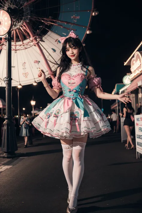 realistic, photorealistic, masterpiece, incredibly absurdres, extremely detailed, best quality, 1girl, long black hair, blunt bangs, light smile, slim, full body, standing, looking at viewer, sweet_dress, white thighhighs, amusement park, night, night sky, dramatic lighting, <lora:sweet_dress_style2_v1:0.7>