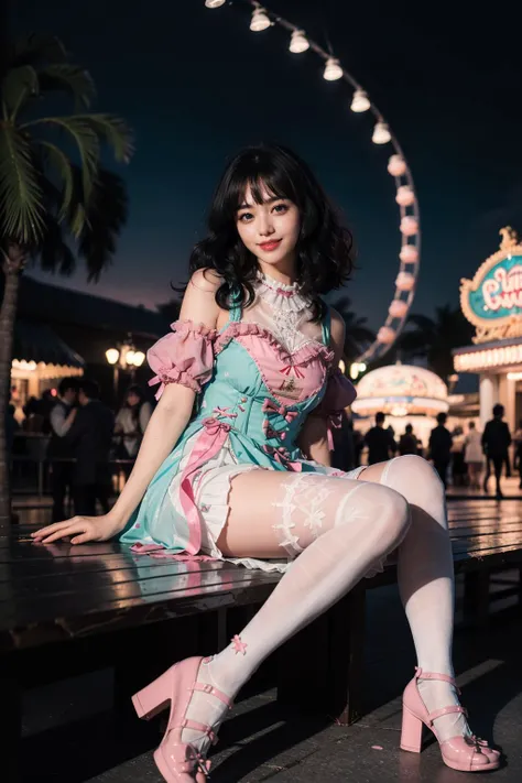 realistic, photorealistic, masterpiece, incredibly absurdres, extremely detailed, best quality, 1girl, long black hair, blunt bangs, light smile, slim, full body, sitting, looking at viewer, sweet_dress, white thighhighs, amusement park, night, night sky, dramatic lighting, <lora:sweet_dress_style2_v1:0.7>