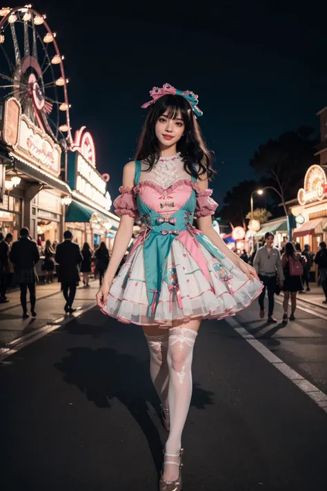 realistic, photorealistic, masterpiece, incredibly absurdres, extremely detailed, best quality, 1girl, long black hair, blunt bangs, light smile, slim, full body, standing, looking at viewer, sweet_dress, white thighhighs, amusement park, night, night sky, dramatic lighting, <lora:sweet_dress_style2_v1:0.7>