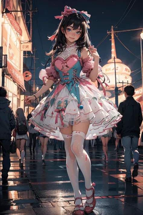 masterpiece, incredibly absurdres, extremely detailed, best quality, 1girl, long black hair, blunt bangs, light smile, slim, full body, standing, looking at viewer, sweet_dress, white thighhighs, amusement park, night, night sky, <lora:sweet_dress_style2_v1:0.7>