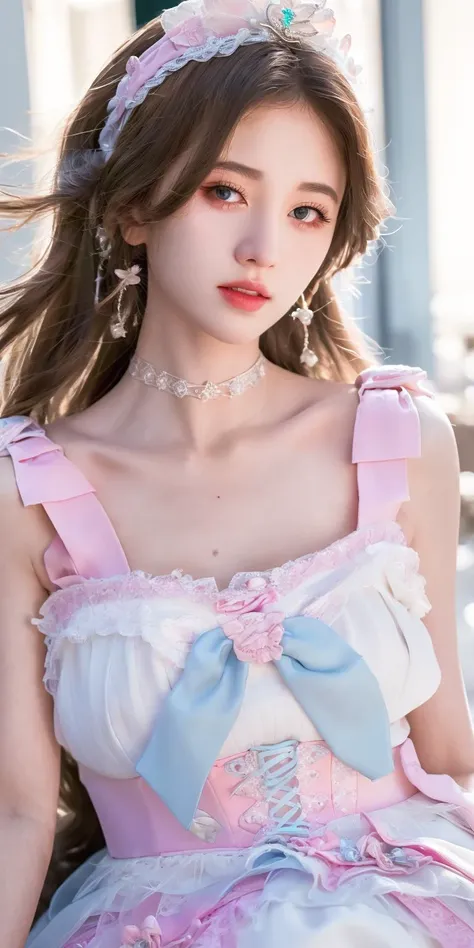 Bestquality,MASTERPIECE,Super High Resolution,(lifelike:1.4),RAW Photos,(Evening Street),1 girl,dark eyes,looks at the viewer,long long hair,Light makeup,Lips,Small ears,earings,Sit in Ferrari,big chest,slim,sweet_lolita,fulllllbody,Bow
