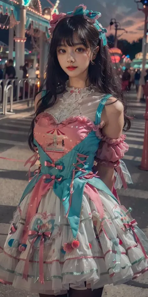 realistic, photorealistic, masterpiece, incredibly absurdres, extremely detailed, best quality, 1girl, long black hair, blunt bangs, light smile, slim, waist up, standing, looking at viewer, sweet_dress, white thighhighs, amusement park, night, night sky, dramatic lighting, (arms behind back),<lora:sweet_dress_style2_v1:0.75>