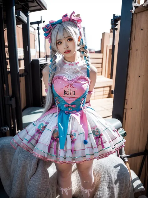realistic, photorealistic, masterpiece, incredibly absurdres, extremely detailed, best quality, 1girl, long white hair, blunt bangs, arms behind back, slim, full body, standing, looking at viewer, sweet_dress, white thighhighs, white thighhighs, Tokyo streets, dramatic lighting, <lora:sweet_dress_style2_v1:0.7>, <lora:asianGirlsFace_v1:0.5>, <lora:cuteGirlMix4:0.2>, mix4