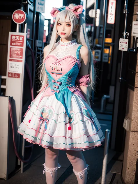 realistic, photorealistic, masterpiece, incredibly absurdres, extremely detailed, best quality, 1girl, long white hair, blunt bangs, arms behind back, slim, full body, standing, looking at viewer, sweet_dress, white thighhighs, white thighhighs, Tokyo streets, dramatic lighting, <lora:sweet_dress_style2_v1:0.7>, <lora:asianGirlsFace_v1:0.5>, <lora:cuteGirlMix4:0.2>, mix4