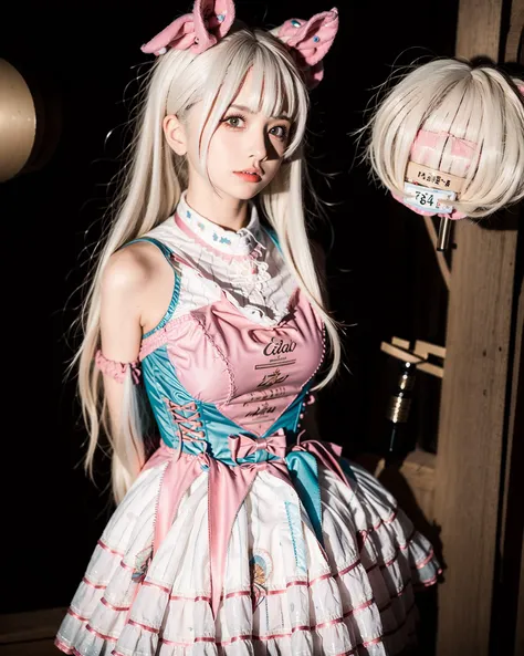 (8k, RAW photo, best quality), (realistic,photo-realistic:1.37), looking at viewer, masterpiece, incredibly absurdres, extremely detailed, extremely beautiful face, solo focus, 1girl, long hair, (white hair), blunt bangs, (arms behind back), slim, standing, sweet_dress, white thighhighs, white thighhighs, (Tokyo streets), dramatic lighting, <lora:sweet_dress_style2_v1:0.7>, <lora:asianGirlsFace_v1:0.5>, <lora:cuteGirlMix4:0.2>, mix4