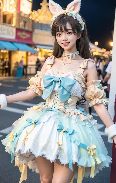 1girl, solo,mix4, (realistic:1.1), (photorealistic:1.1), (masterpiece:1.1), (best quality:1.1),  ultra detailed, looking at viewer, smile,sweet_lolita,standing , natural lighting, depth of field, (pureerosface_v1:0.8), amusement park in the background,(night),<lora:sweetLolita_REG:0.7> ,<lora:A_BaseFace_1_cuteGirlMix4_v10:0.6>  ,<lora:A_BaseFace_5_cuteAsianFace_v10:0.6> <lora:sweetLolita_v10:0.7>