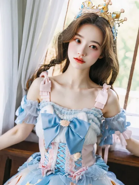 1girl, solo,  Braided crown with loose curls hair,  (upper body:1.1),(looking at viewer:1.1), Spring, Open windows invite fresh air into homes, <lora:Style_FilmG4:0.8>,filmg , <lora:Cloth_sweetLolita_v10:0.8>,sweet_lolita