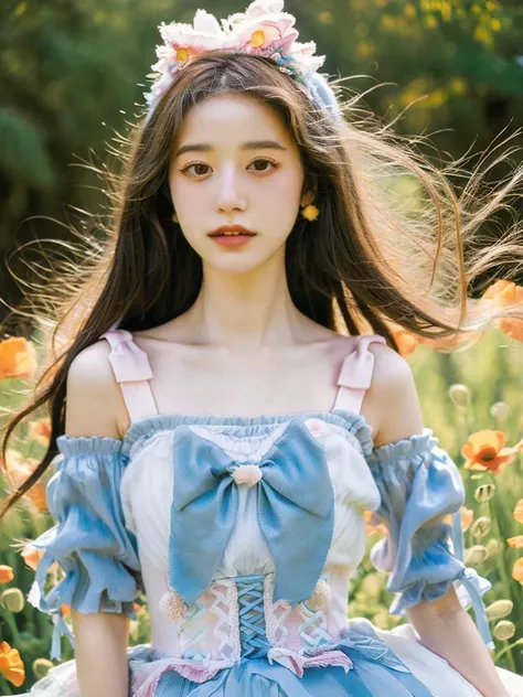 1girl, solo,  Sleek hair and straight with deep side part,  (upper body:1.1),(looking at viewer:1.1), Spring, Wild poppies sway in the breeze, <lora:Style_FilmG4:0.8>,filmg , <lora:Cloth_sweetLolita_v10:0.8>,sweet_lolita