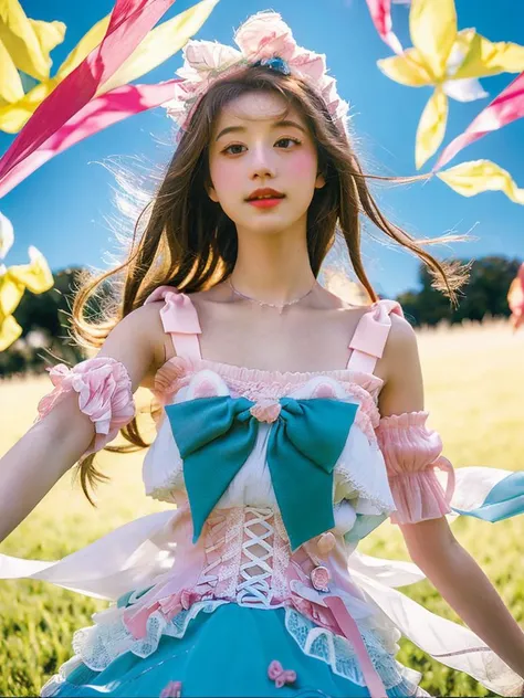 1girl, solo,  Straight hair with choppy layers at the ends,  (upper body:1.1),(looking at viewer:1.1), Spring, Colorful kites soar high above open fields, <lora:Style_FilmG4:0.8>,filmg , <lora:Cloth_sweetLolita_v10:0.8>,sweet_lolita