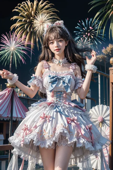 ((masterpiece)), (best quality), 8k, high detailed, ultra-detailed, At night, a 24-year-old woman wearing a pink Lolita dress and white stockings, ((dreamlike atmosphere: 1.1)), enchanting and whimsical style, masterpiece, raw, scene resembling a fairytale illustration, intricate details showcasing the frills and delicate design of the Lolita dress, Subtlety, Dreamlike Aesthetic, Magical, Whimsical, white stockings adding a touch of elegance, Subtlety, Dreamlike Aesthetic, 'romantic, ethereal, enchanting, mesmerizing, whimsical, magical', colorful fireworks illuminating the sky, creating a breathtaking display of light and color, Realism, VFX, FXAA, TXAA, RTX, SSAO, Shaders, No noise, Ambient Lighting, Tone Mapping, Sparkling fireworks, high resolution, ultra HD, megapixel, (8k resolution: 1.10), 8k, 8kres, 8k res, high details, intricate details, a look of wonder and awe on her face, (high quality: 1.2, masterpiece: 1.2, : 1.21), (24-year-old woman: 1.21), (raising her hand to the sky, following the path of the fireworks), (giggling with excitement), (surrounded by the magical atmosphere of the amusement park), as she stands in the amusement park, dressed in her pink Lolita dress and white stockings, she becomes captivated by the mesmerizing fireworks display, her eyes filled with wonder and joy,<lora:add_detail:0.8>, <lora:sweetLolita_v10:0.5>, <lora:whitestocking:0.5>