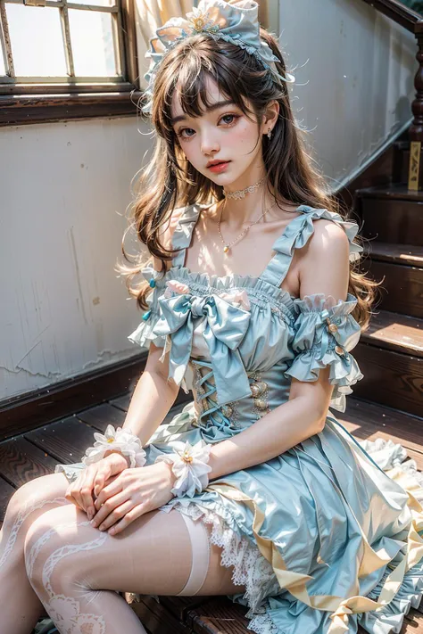 ((masterpiece)), (best quality), 8k, high detailed, ultra-detailed, A 24-year-old woman sitting gracefully on a staircase, dressed in a white Lolita dress and white stockings, (vintage photography style: 1.1), ethereal and whimsical style, masterpiece, raw, photograph that captures the charm and innocence of the Lolita fashion, intricate details showcasing the intricate lace and ruffles of the dress, Subtlety, Vintage Aesthetic, Whimsy, Lolita Fashion, delicate bows adorning the dress and stockings, lace gloves adding a touch of elegance, Subtlety, Vintage Aesthetic, 'charming, enchanting, doll-like, ethereal, romantic, whimsical, timeless', soft sunlight casting a warm glow on her porcelain skin, creating a dreamy atmosphere, Realism, VFX, FXAA, TXAA, RTX, SSAO, Shaders, No noise, Ambient Lighting, Tone Mapping, Soft sunlight, high resolution, ultra HD, megapixel, (8k resolution: 1.10), 8k, 8kres, 8k res, high details, intricate details, delicate expression on her face, (high quality: 1.2, masterpiece: 1.2, : 1.21), (24-year-old woman: 1.21), (graceful posture, sitting with poise), (innocent and captivating eyes), (playful and whimsical pose), (soft smile, radiating charm and sweetness), as she sits on the staircase in her white Lolita dress and stockings, she exudes an enchanting aura that transports you to a world of fantasy and beauty, <lora:sweetLolita_v10:0.55>, <lora:whitestocking:0.45>, <lora:add_detail:0.8>