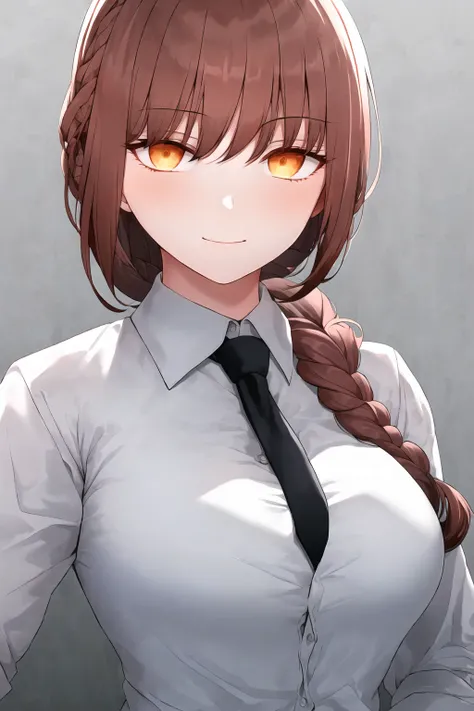 <lora:BGinga_LoRA:0.9>, 1girl, (corneo_makima:0.8), (single braid), (white collared shirt),black necktie, buttons, light smile,, (masterpiece:1.0), (best quality:1.0), (8k wallpaper:1.0), extremely delicate and beautiful, (beautiful detailed face:1.0), (detailed deep eyes), symmetrical breasts, deep eyes,